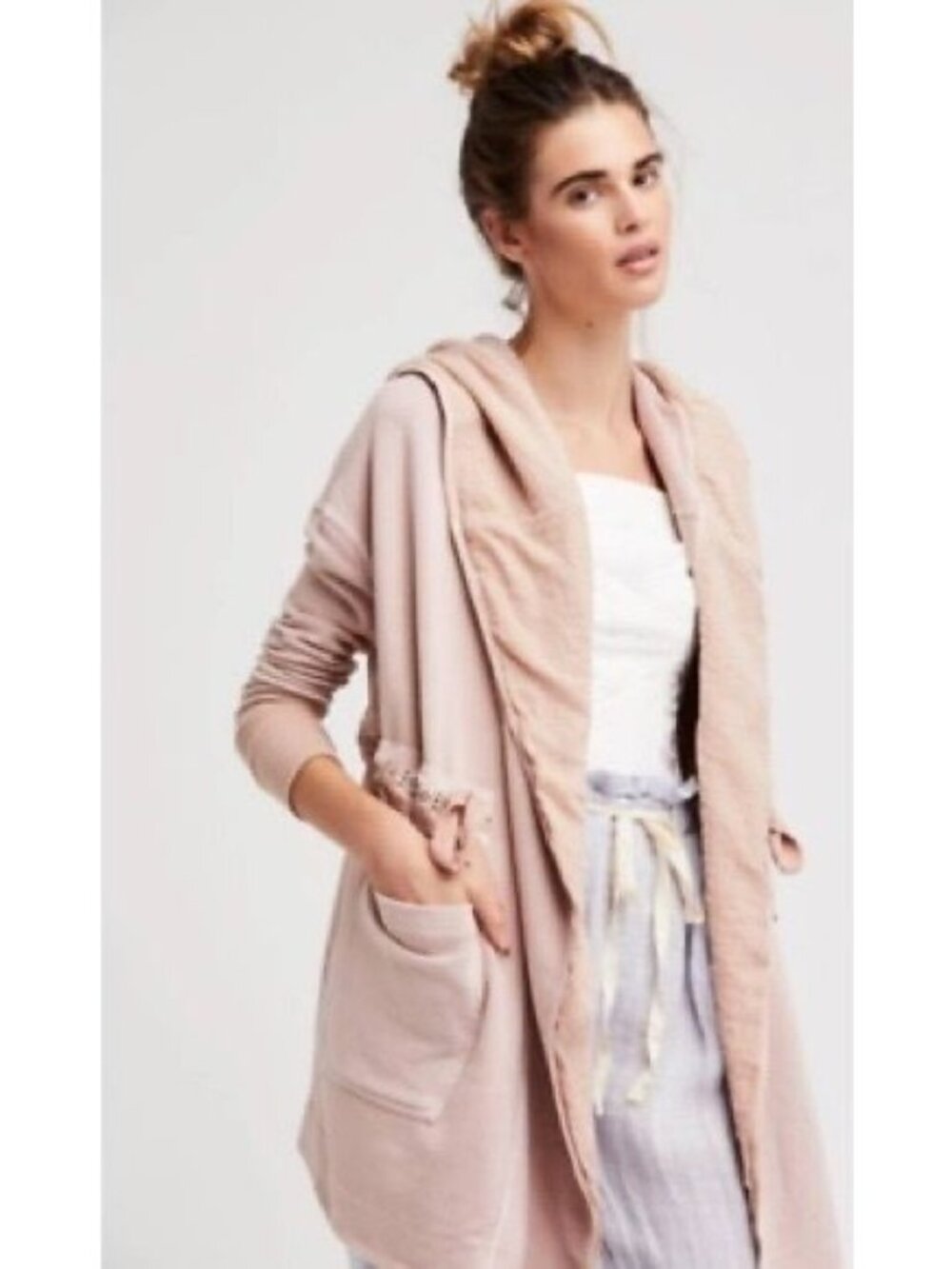 Free People Pink Relaxed Hooded Cardigan Jacket| Boho Coquette Coastal Grandma S - Picture 8 of 11